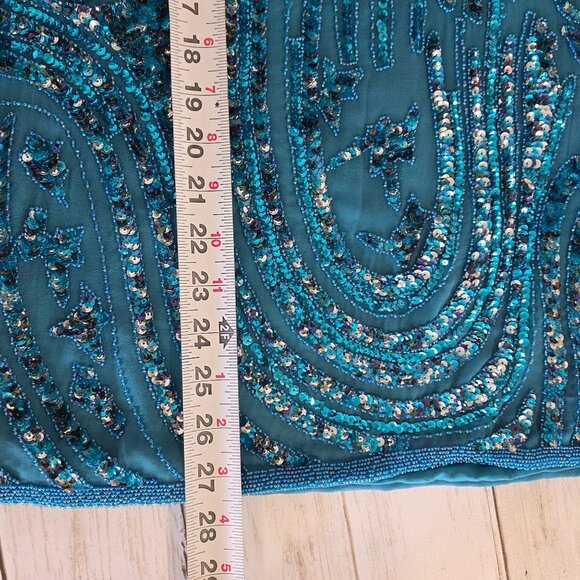 Vintage 80s Oleg Cassini Beaded Sequined Silk Blouse Teal Blue Glam Party - Picture 8 of 11